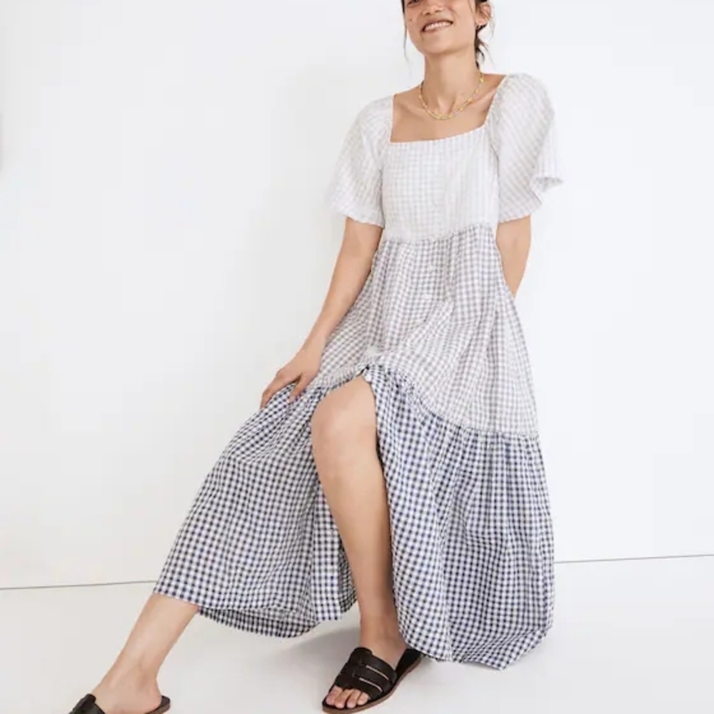 Madewell Patchwork Gingham Button-Front Tiered Bl… - image 3